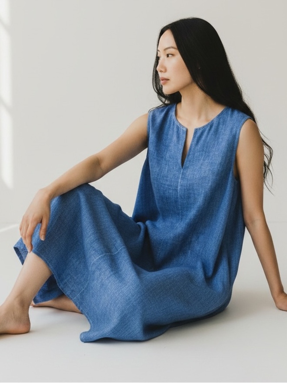Cynthia Ashby Louise 100% Linen Asymmetric Midi Dress Blue Small